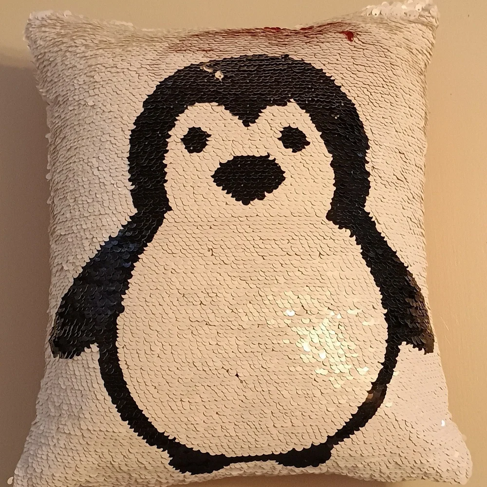 Pier 1 Festive Penguin Sequin Pillow-Double Sided- Red, Black, White